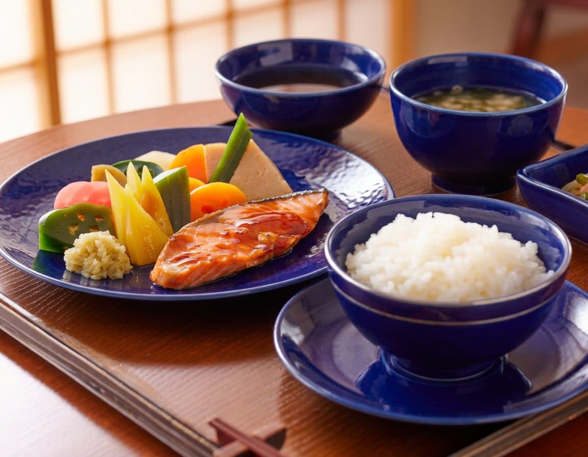 お食事。焼き魚と野菜、ご飯と汁物が並ぶ